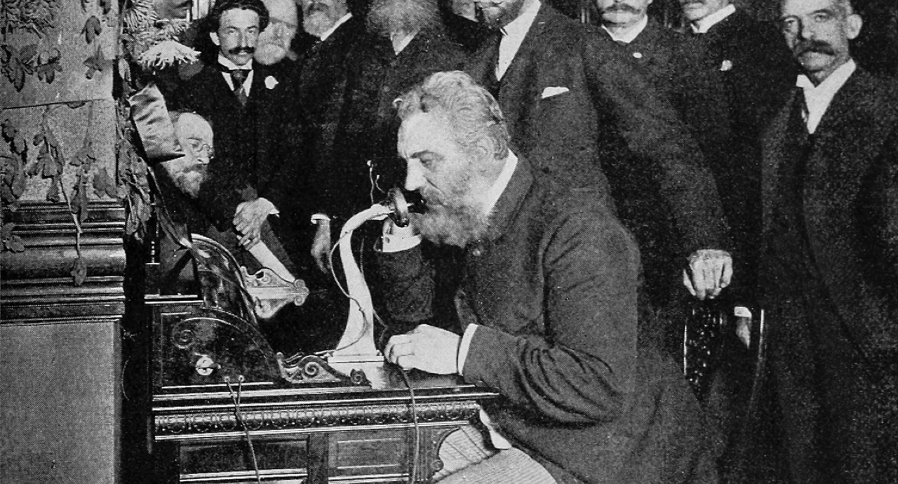 Bell placing the first New York to Chicago telephone call in 1892.